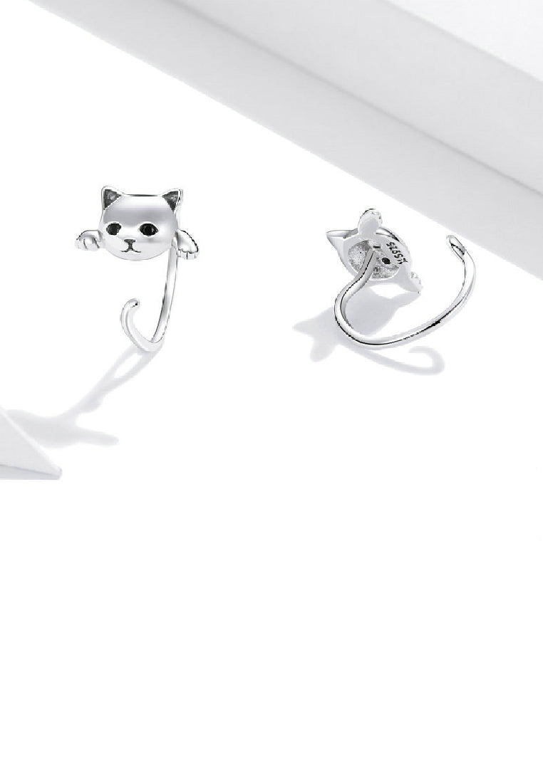 925 Sterling Silver Simple Cute Cat Geometric Stud Earrings with Cubic Zirconia - Luxurious Look