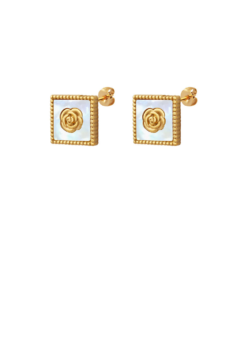 Fashion Elegant Plated Gold 316L Stainless Steel Camellia Geometric Shell Square Stud Earrings