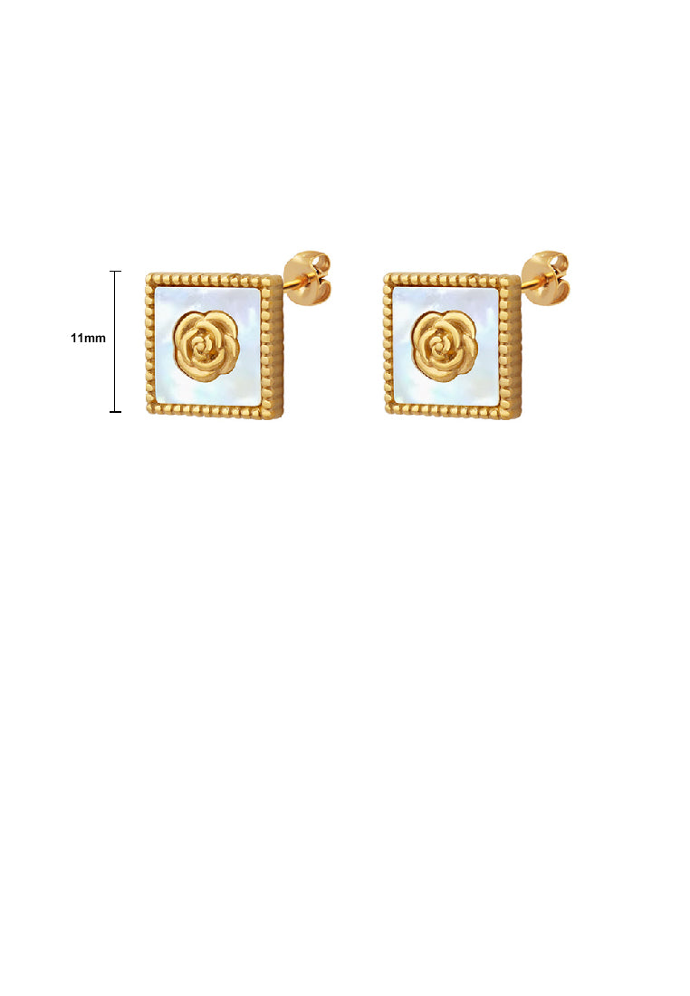 Fashion Elegant Plated Gold 316L Stainless Steel Camellia Geometric Shell Square Stud Earrings