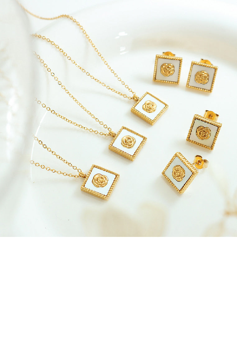 Fashion Elegant Plated Gold 316L Stainless Steel Camellia Geometric Shell Square Stud Earrings