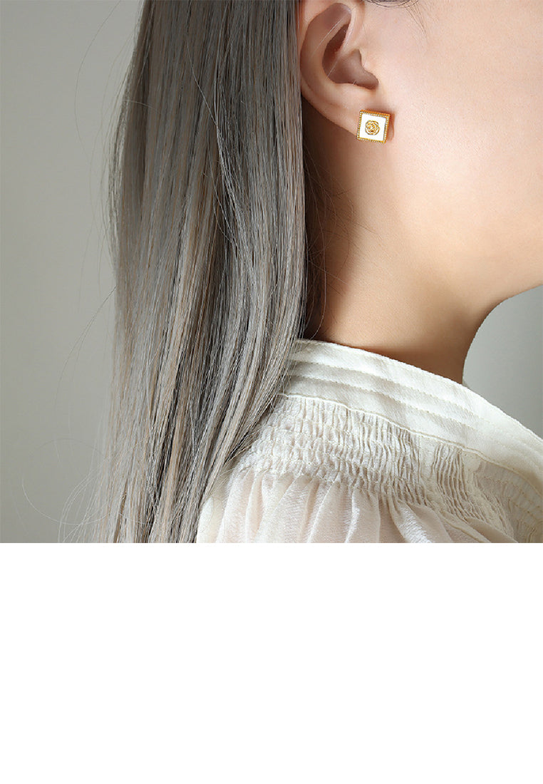 Fashion Elegant Plated Gold 316L Stainless Steel Camellia Geometric Shell Square Stud Earrings