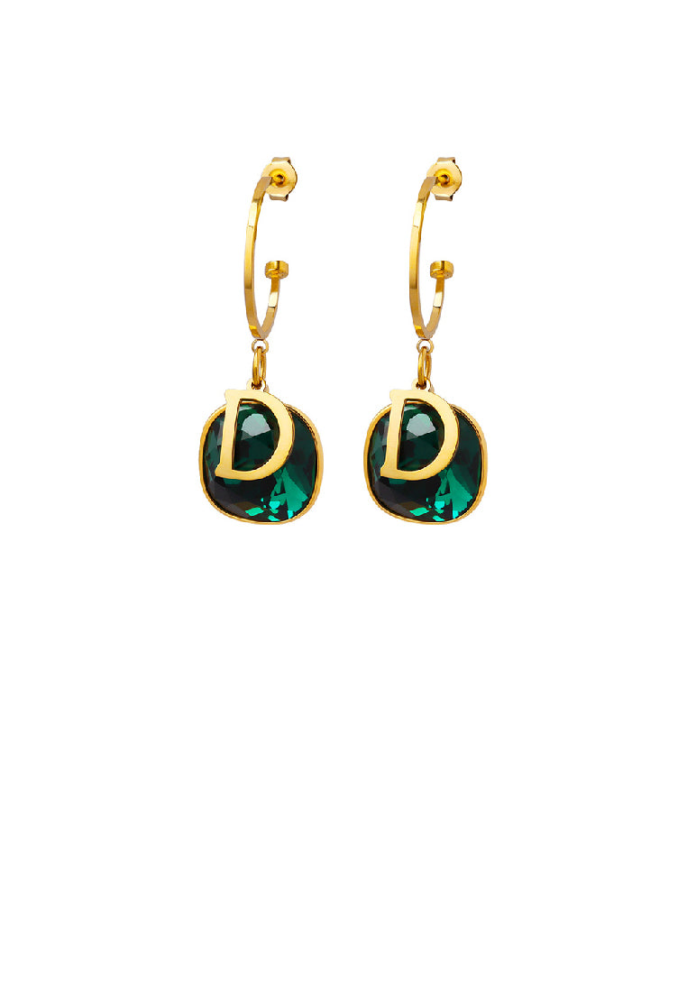 Fashion Temperament Plated Gold 316L Stainless Steel Alphabet D Geometric Square Earrings with Green Cubic Zirconia - Luxurious Look