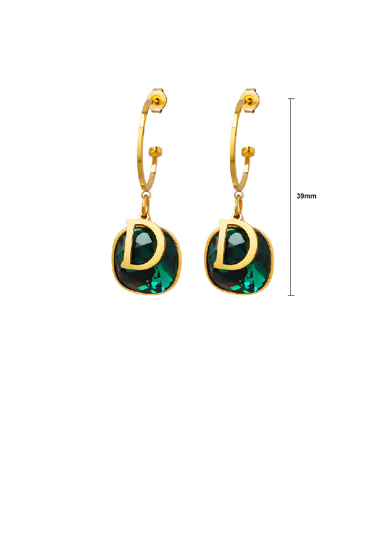 Fashion Temperament Plated Gold 316L Stainless Steel Alphabet D Geometric Square Earrings with Green Cubic Zirconia - Luxurious Look