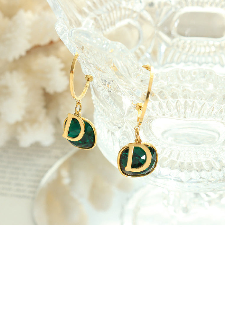 Fashion Temperament Plated Gold 316L Stainless Steel Alphabet D Geometric Square Earrings with Green Cubic Zirconia - Luxurious Look