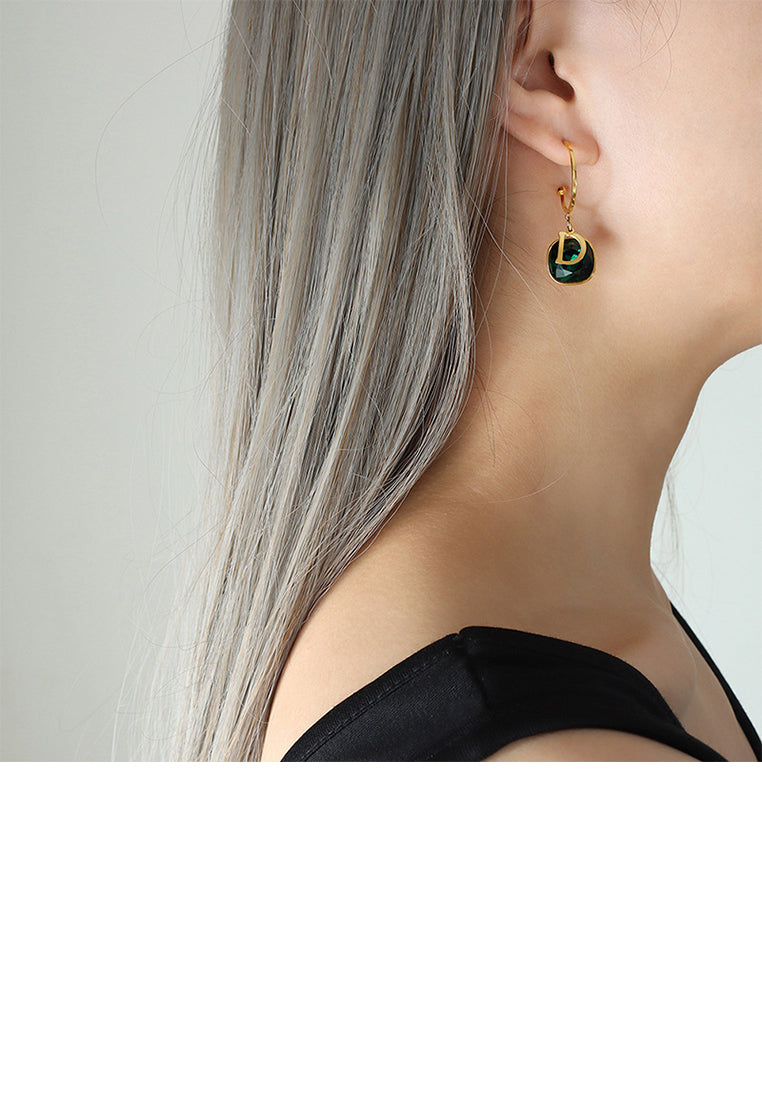 Fashion Temperament Plated Gold 316L Stainless Steel Alphabet D Geometric Square Earrings with Green Cubic Zirconia - Luxurious Look
