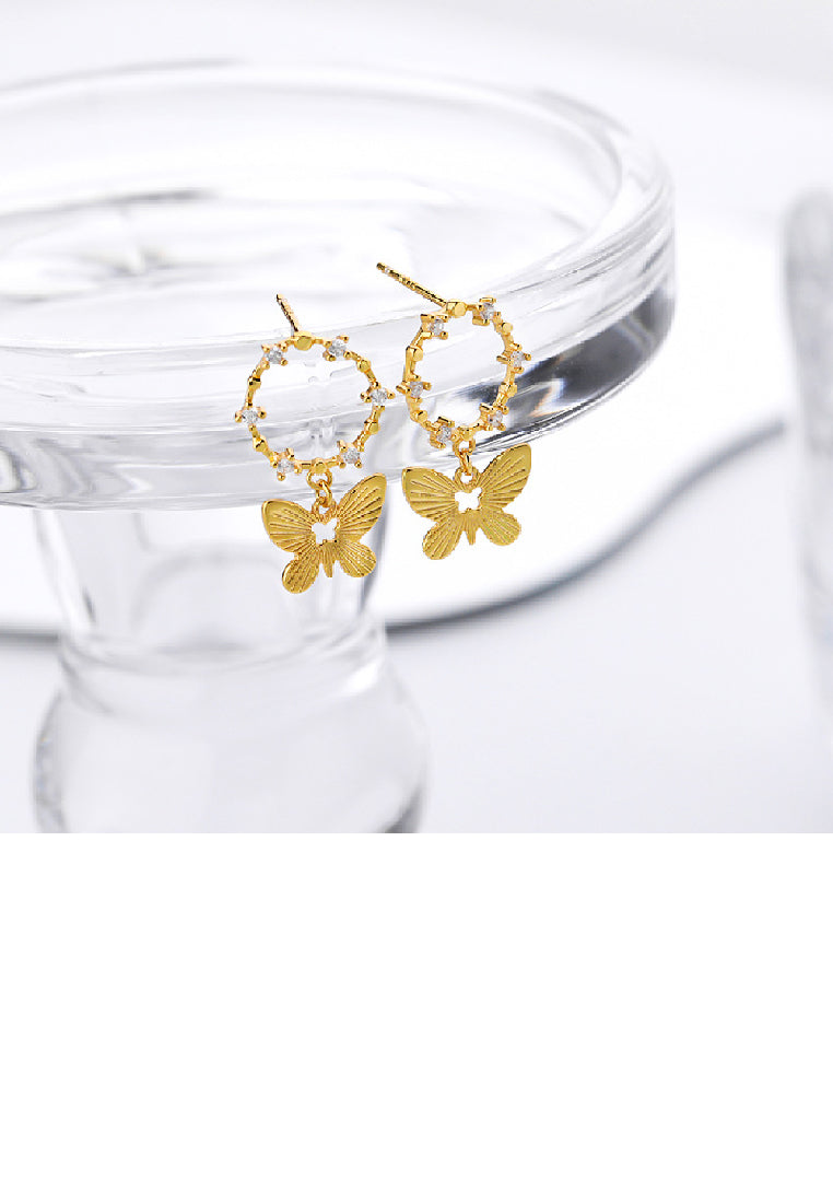 925 Sterling Silver Plated Gold Fashion Elegant Butterfly Geometric Circle Earrings with Cubic Zirconia - Luxurious Look