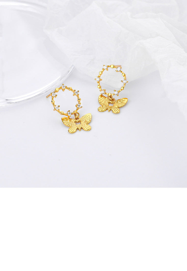 925 Sterling Silver Plated Gold Fashion Elegant Butterfly Geometric Circle Earrings with Cubic Zirconia - Luxurious Look