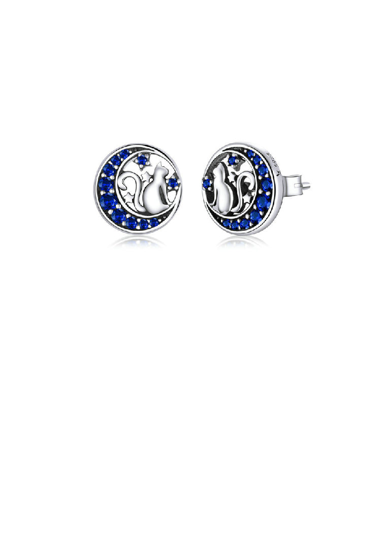 925 Sterling Silver Simple Fashion Cat Moon Stud Earrings with Blue Cubic Zirconia - Luxurious Look