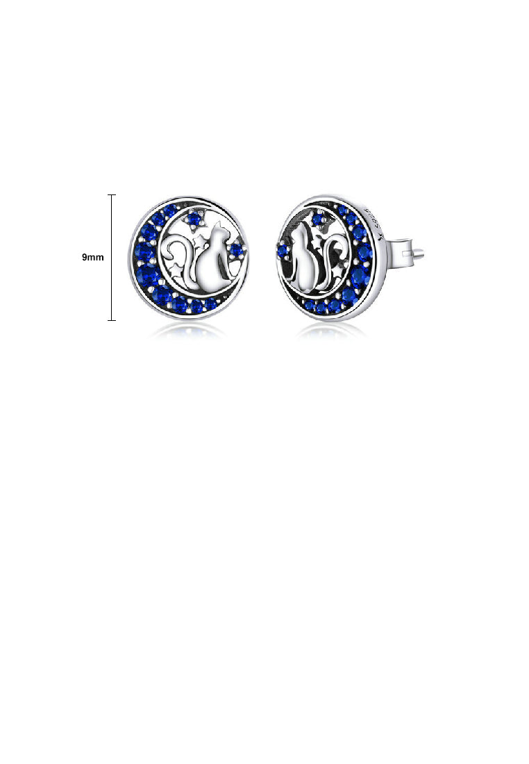 925 Sterling Silver Simple Fashion Cat Moon Stud Earrings with Blue Cubic Zirconia - Luxurious Look