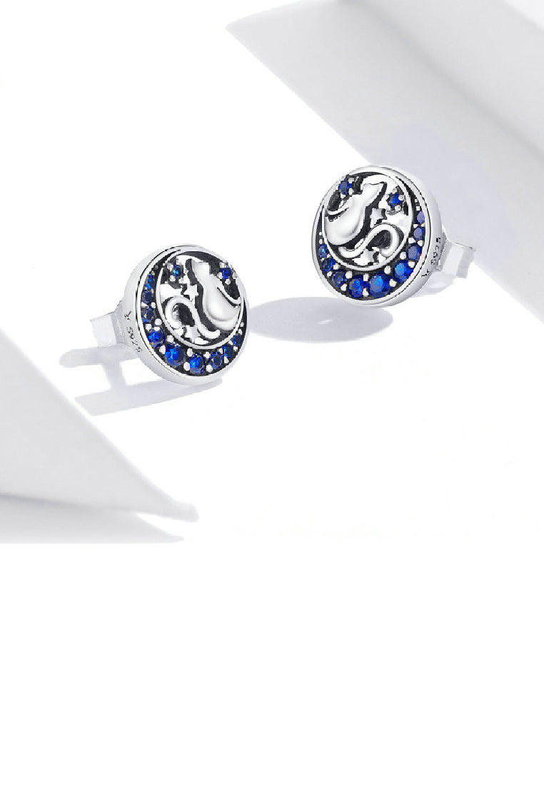925 Sterling Silver Simple Fashion Cat Moon Stud Earrings with Blue Cubic Zirconia - Luxurious Look