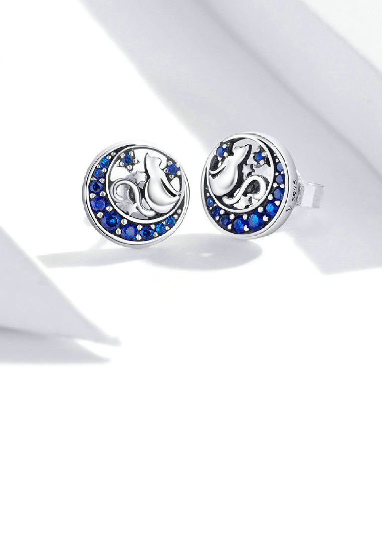 925 Sterling Silver Simple Fashion Cat Moon Stud Earrings with Blue Cubic Zirconia - Luxurious Look