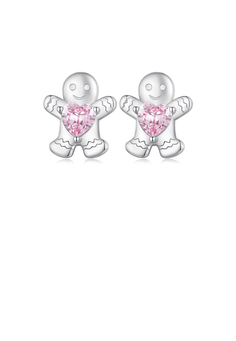 925 Sterling Silver Simple Cute Christmas Gingerbread Man Stud Earrings with Pink Cubic Zirconia - Luxurious Look - Vibrant Color