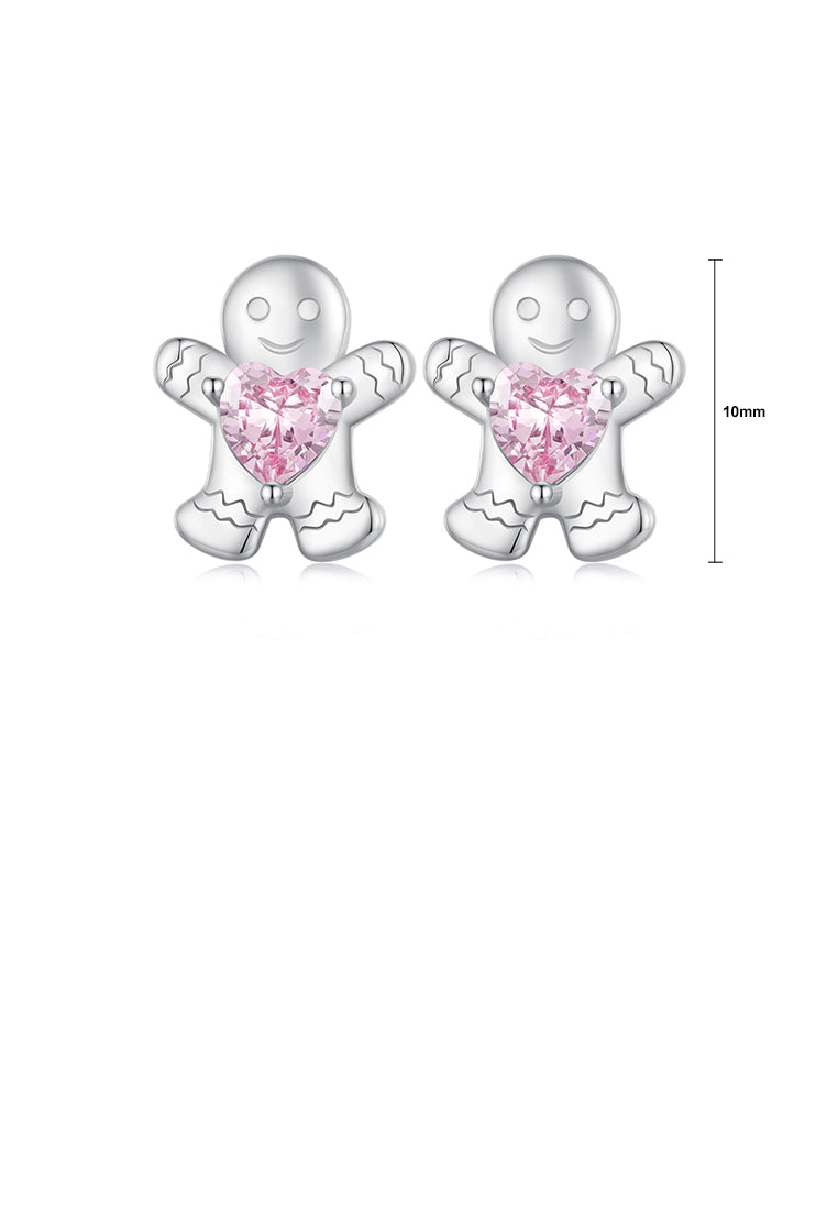925 Sterling Silver Simple Cute Christmas Gingerbread Man Stud Earrings with Pink Cubic Zirconia - Luxurious Look - Vibrant Color
