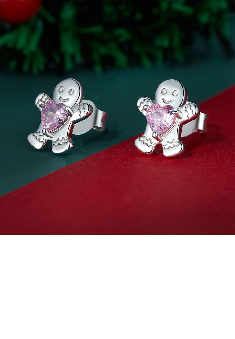 925 Sterling Silver Simple Cute Christmas Gingerbread Man Stud Earrings with Pink Cubic Zirconia - Luxurious Look - Vibrant Color