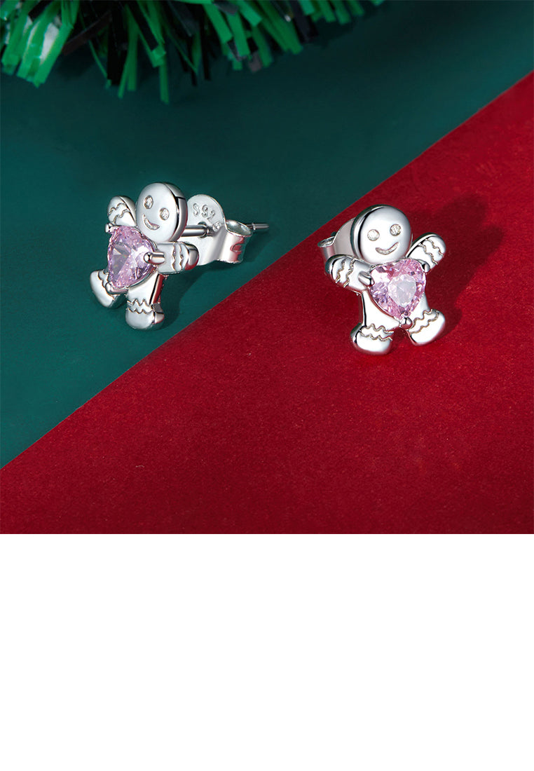 925 Sterling Silver Simple Cute Christmas Gingerbread Man Stud Earrings with Pink Cubic Zirconia - Luxurious Look - Vibrant Color