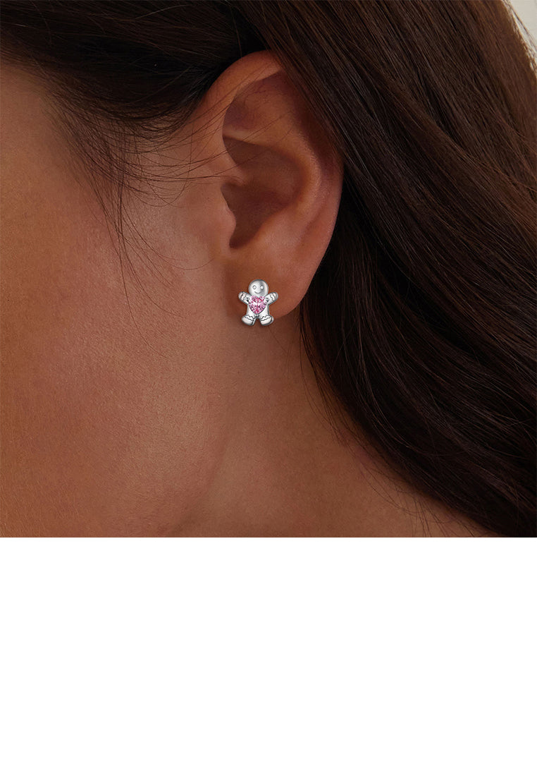 925 Sterling Silver Simple Cute Christmas Gingerbread Man Stud Earrings with Pink Cubic Zirconia - Luxurious Look - Vibrant Color
