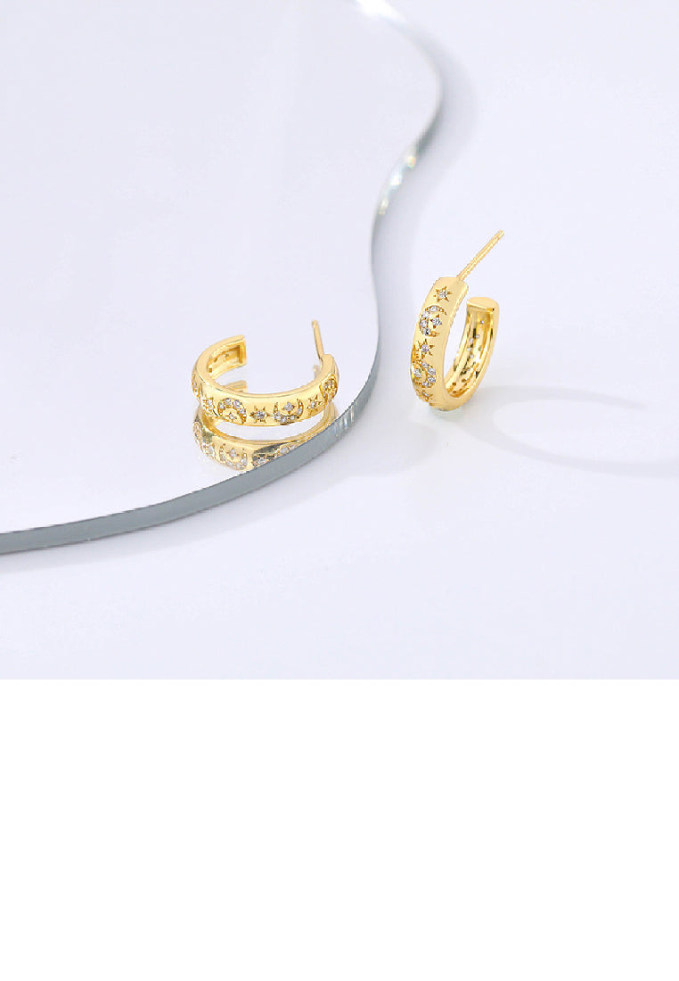 925 Sterling Silver Plated Gold Fashion Simple Star Moon Pattern Geometric Stud Earrings with Cubic Zirconia - Luxurious Look