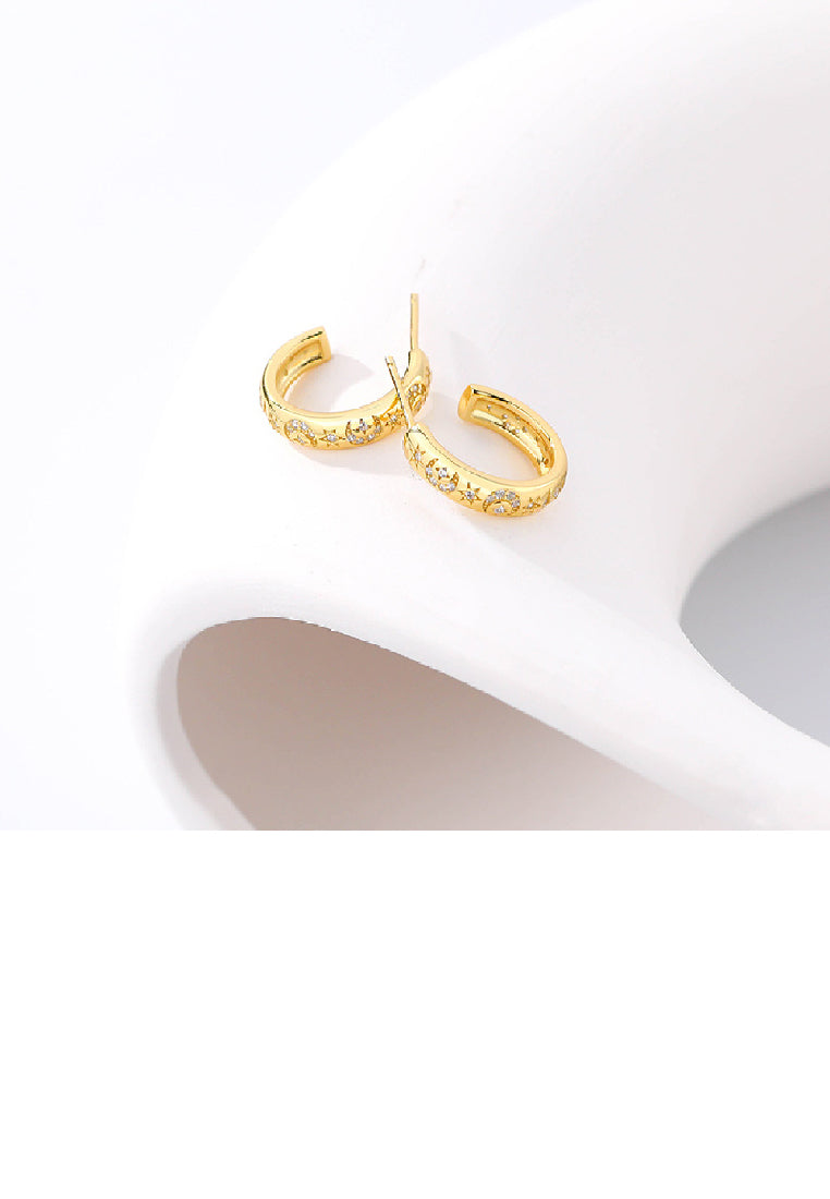 925 Sterling Silver Plated Gold Fashion Simple Star Moon Pattern Geometric Stud Earrings with Cubic Zirconia - Luxurious Look