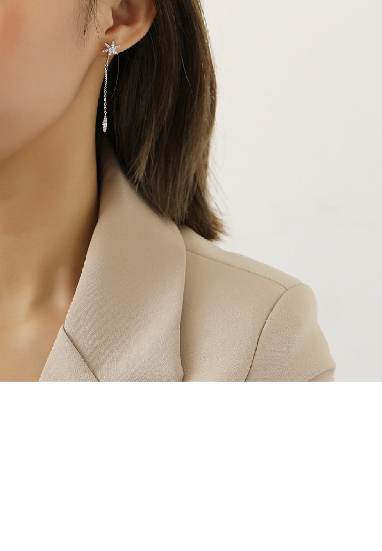 925 Sterling Silver Simple Fashion Star Tassel Earrings with Cubic Zirconia - Luxurious Look