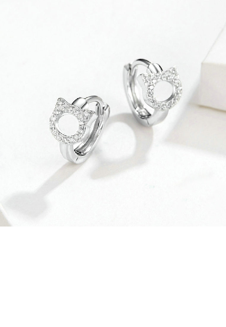 925 Sterling Silver Cute Sweet Cat Geometric Circle Stud Earrings with Cubic Zirconia - Luxurious Look