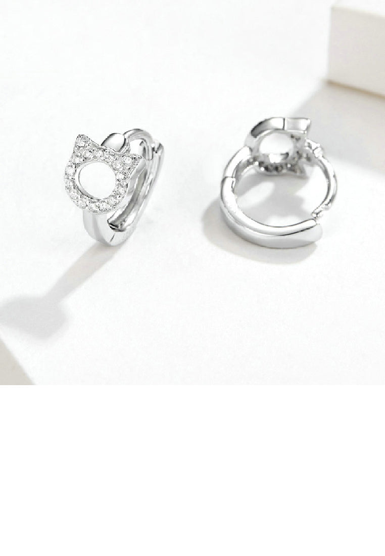 925 Sterling Silver Cute Sweet Cat Geometric Circle Stud Earrings with Cubic Zirconia - Luxurious Look