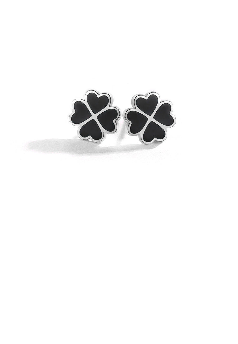 925 Sterling Silver Fashion Simple Enamel Black Four-leafed Clover Stud Earrings