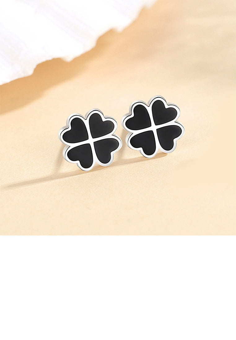 925 Sterling Silver Fashion Simple Enamel Black Four-leafed Clover Stud Earrings