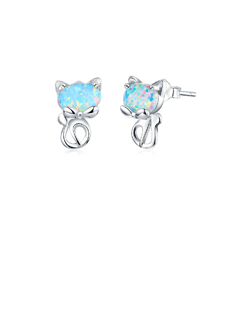 925 Sterling Silver Simple Cute Cat Opal Stud Earrings