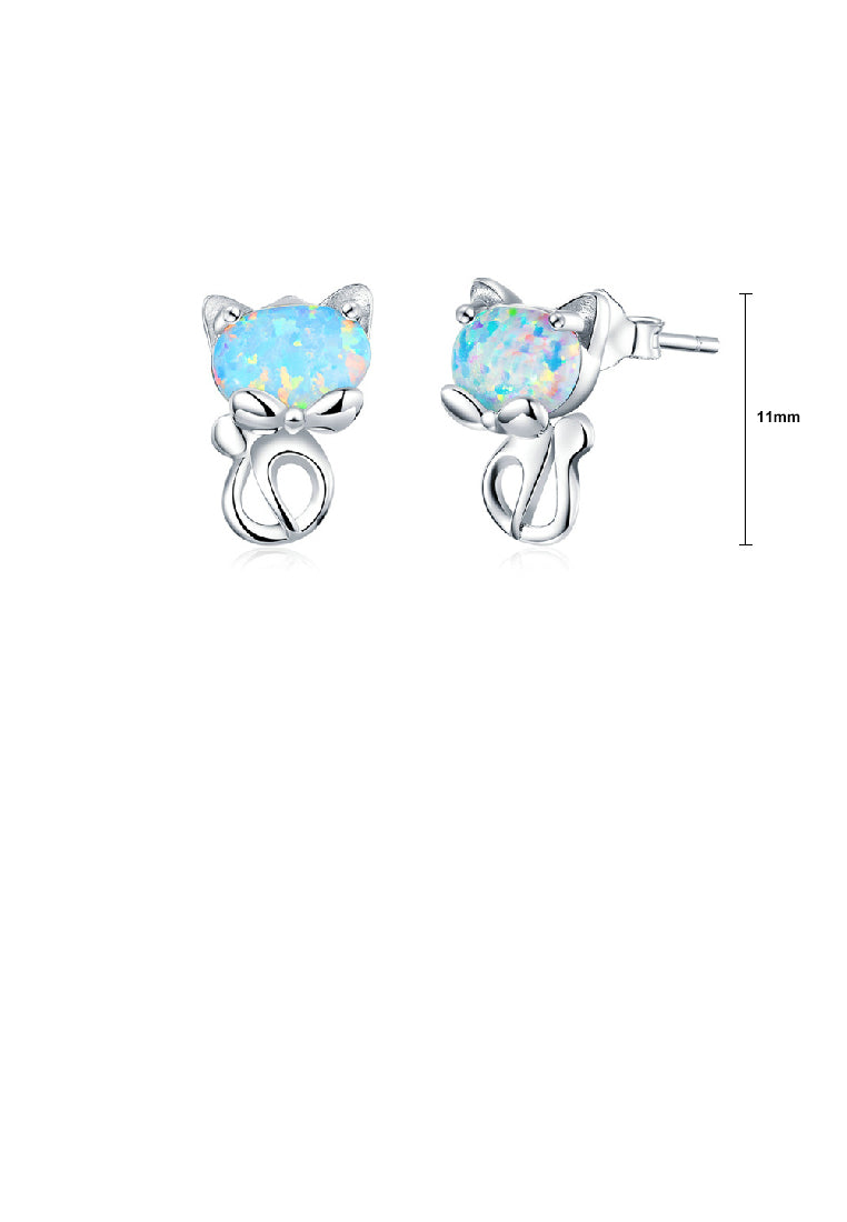 925 Sterling Silver Simple Cute Cat Opal Stud Earrings