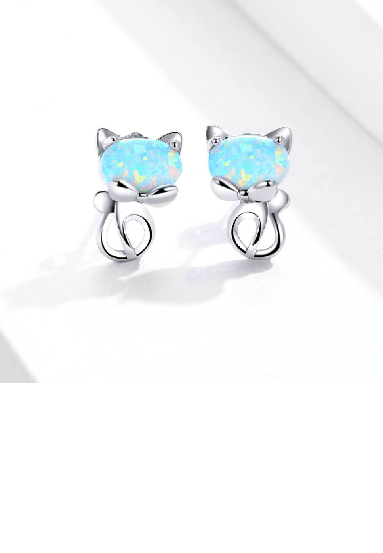 925 Sterling Silver Simple Cute Cat Opal Stud Earrings