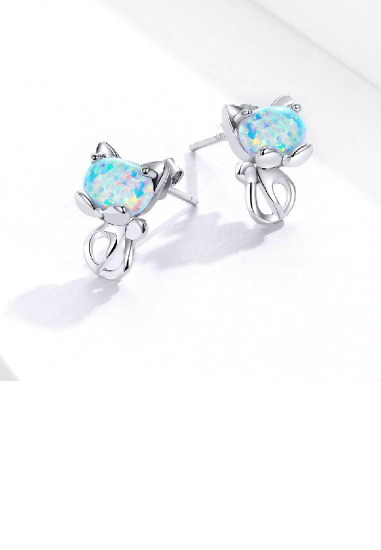 925 Sterling Silver Simple Cute Cat Opal Stud Earrings