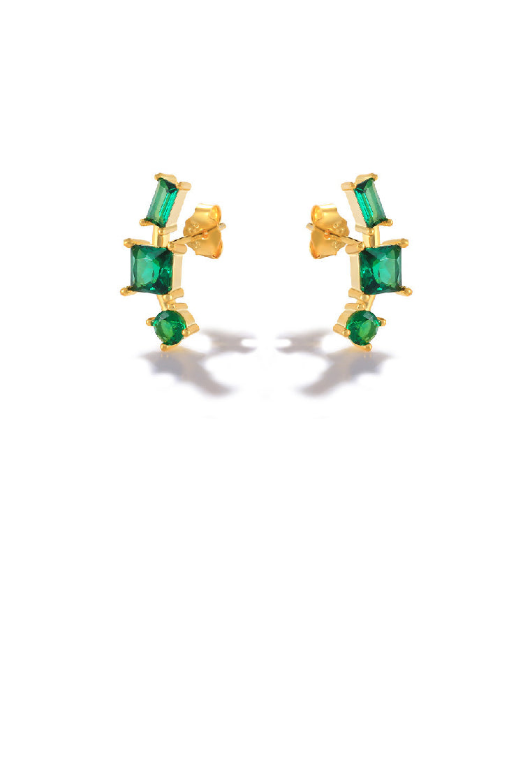 925 Sterling Silver Plated Gold Fashion Temperament Curved Geometric Stud Earrings with Green Cubic Zirconia - Luxurious Look