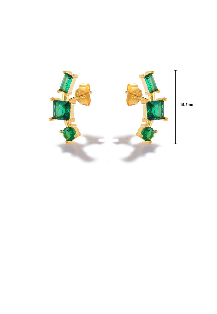 925 Sterling Silver Plated Gold Fashion Temperament Curved Geometric Stud Earrings with Green Cubic Zirconia - Luxurious Look