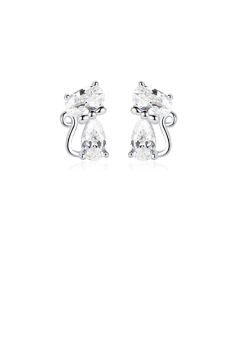 925 Sterling Silver Simple Cute Cat Stud Earrings with Cubic Zirconia - Luxurious Look