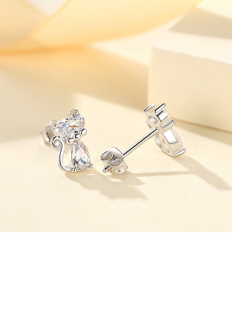 925 Sterling Silver Simple Cute Cat Stud Earrings with Cubic Zirconia - Luxurious Look