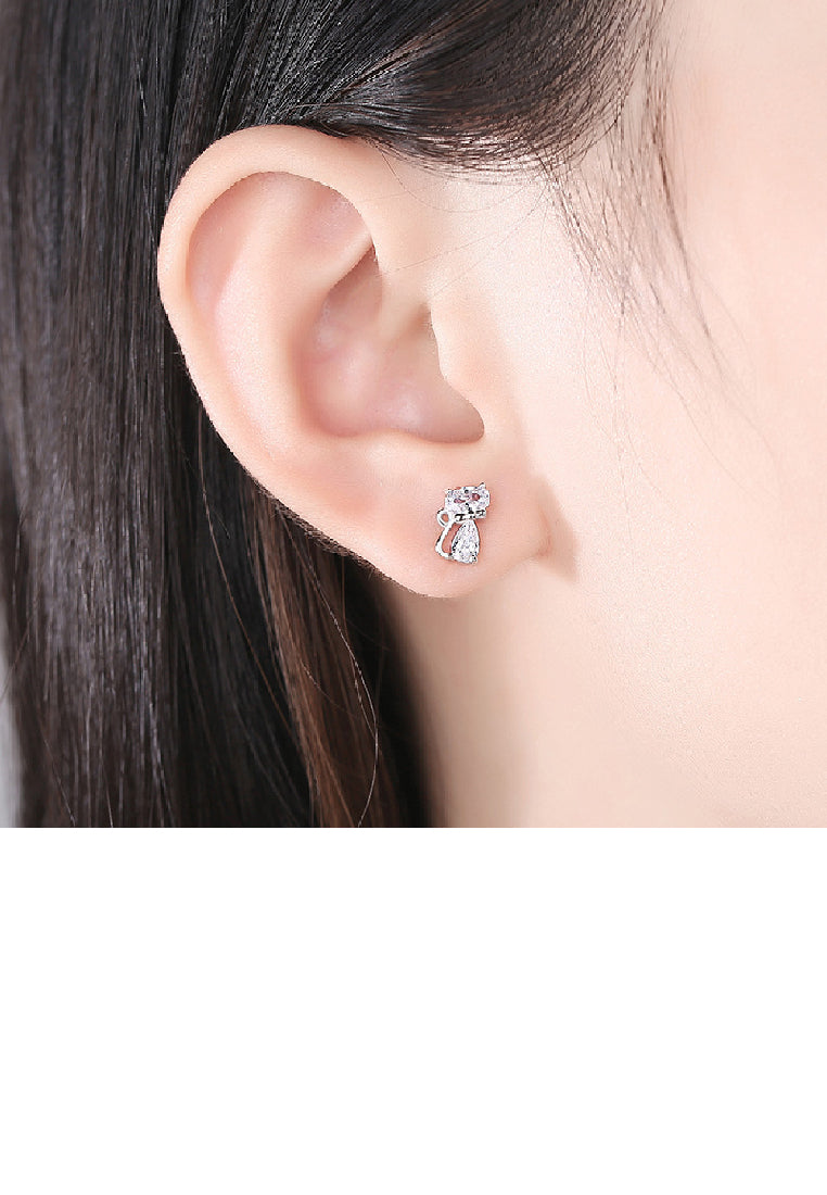 925 Sterling Silver Simple Cute Cat Stud Earrings with Cubic Zirconia - Luxurious Look
