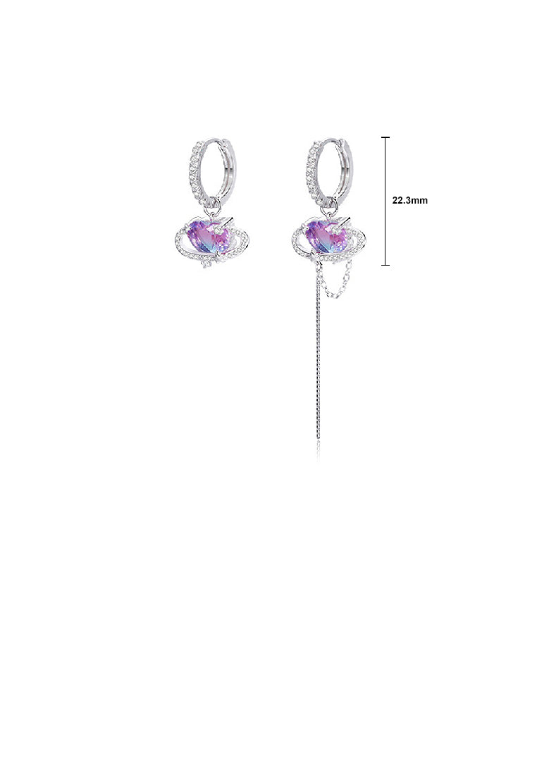 925 Sterling Silver Fashion Simple Asymmetric Heart Shaped Planet Tassel Earrings with Cubic Zirconia - Luxurious Look