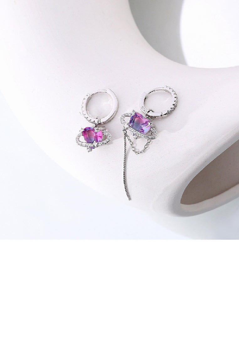 925 Sterling Silver Fashion Simple Asymmetric Heart Shaped Planet Tassel Earrings with Cubic Zirconia - Luxurious Look