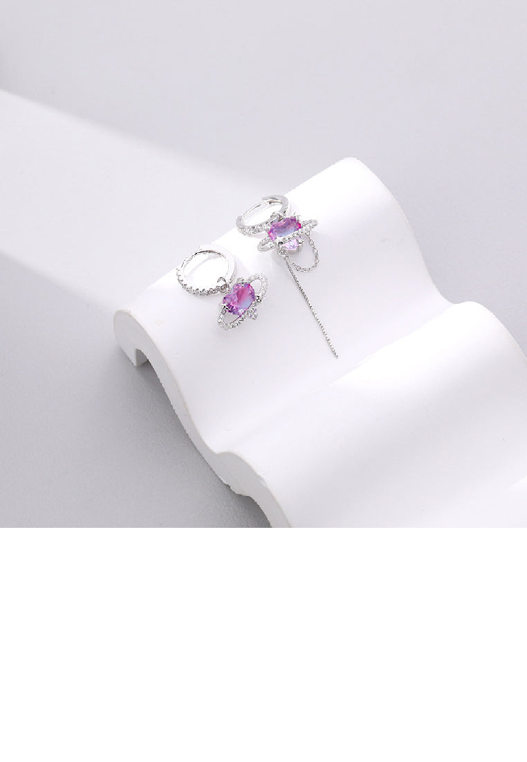 925 Sterling Silver Fashion Simple Asymmetric Heart Shaped Planet Tassel Earrings with Cubic Zirconia - Luxurious Look