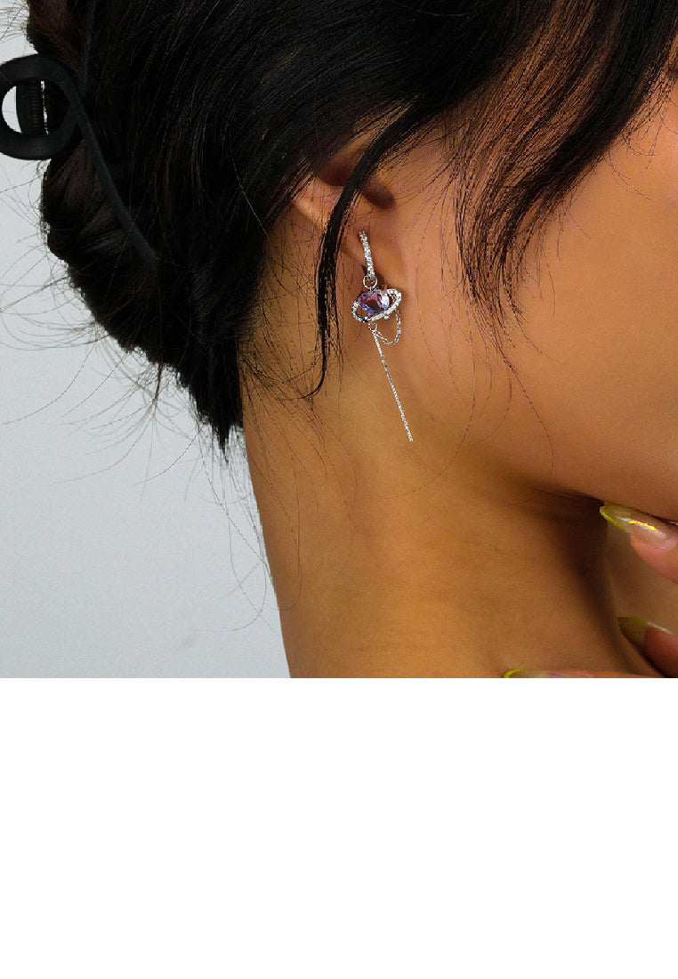 925 Sterling Silver Fashion Simple Asymmetric Heart Shaped Planet Tassel Earrings with Cubic Zirconia - Luxurious Look