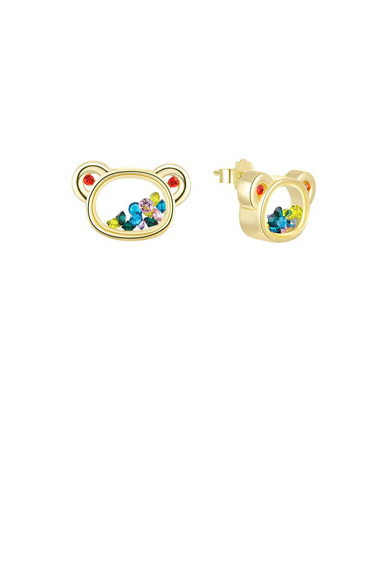925 Sterling Silver Plated Gold Simple Cute Bear Stud Earrings with Colored Cubic Zirconia - Luxurious Look
