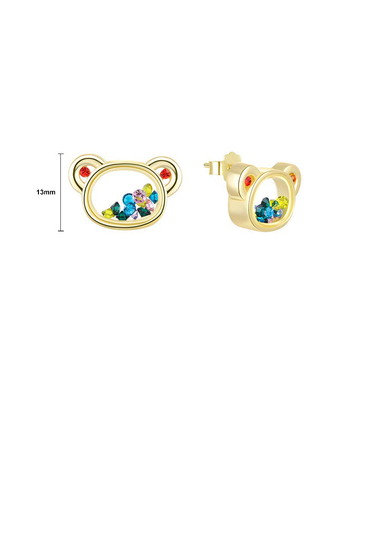 925 Sterling Silver Plated Gold Simple Cute Bear Stud Earrings with Colored Cubic Zirconia - Luxurious Look