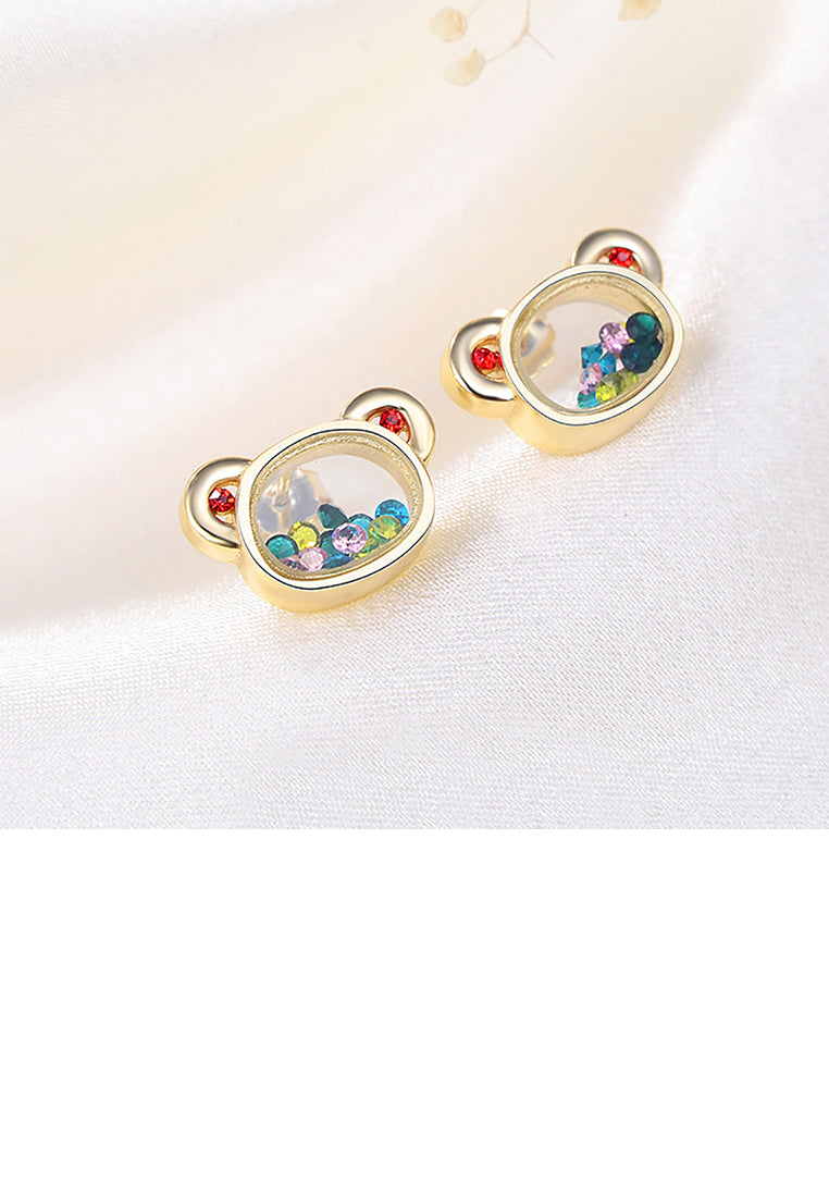 925 Sterling Silver Plated Gold Simple Cute Bear Stud Earrings with Colored Cubic Zirconia - Luxurious Look
