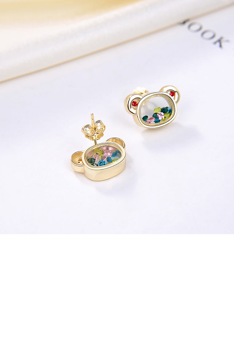 925 Sterling Silver Plated Gold Simple Cute Bear Stud Earrings with Colored Cubic Zirconia - Luxurious Look
