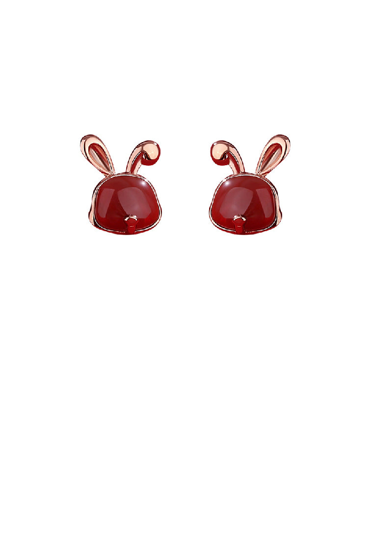 925 Sterling Silver Plated Rose Gold Simple Cute Rabbit Red Imitation Agate Stud Earrings - Vibrant Color