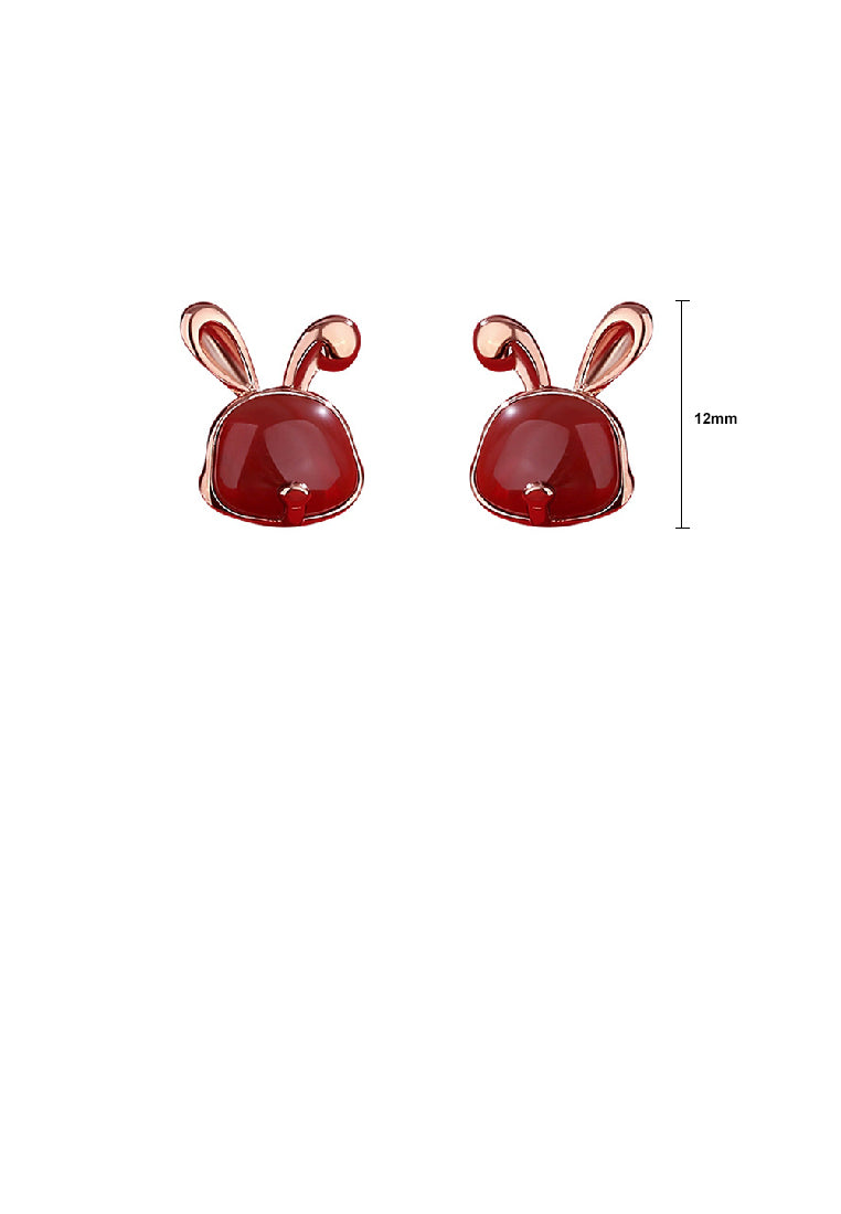 925 Sterling Silver Plated Rose Gold Simple Cute Rabbit Red Imitation Agate Stud Earrings - Vibrant Color