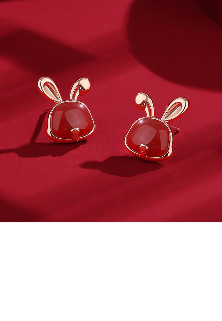 925 Sterling Silver Plated Rose Gold Simple Cute Rabbit Red Imitation Agate Stud Earrings - Vibrant Color