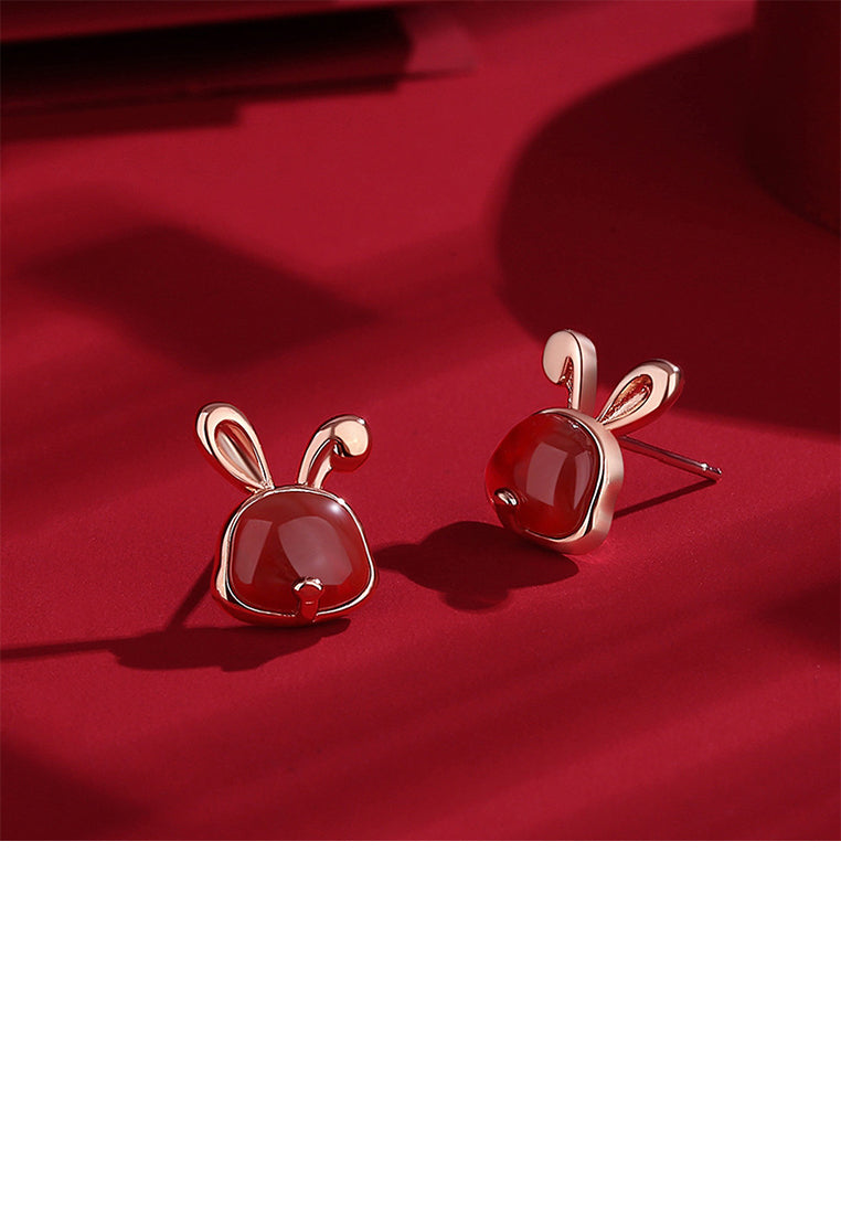 925 Sterling Silver Plated Rose Gold Simple Cute Rabbit Red Imitation Agate Stud Earrings - Vibrant Color