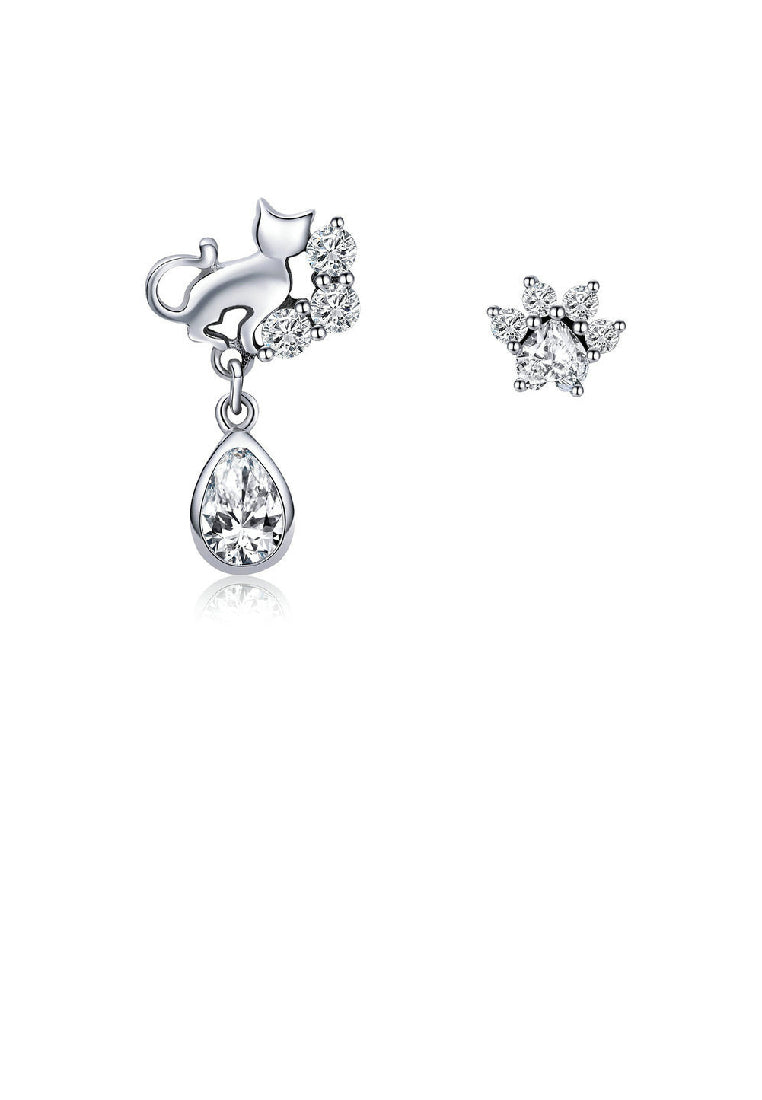 925 Sterling Silver Fashion Temperament Cat Paw Asymmetric Stud Earrings with Cubic Zirconia - Luxurious Look
