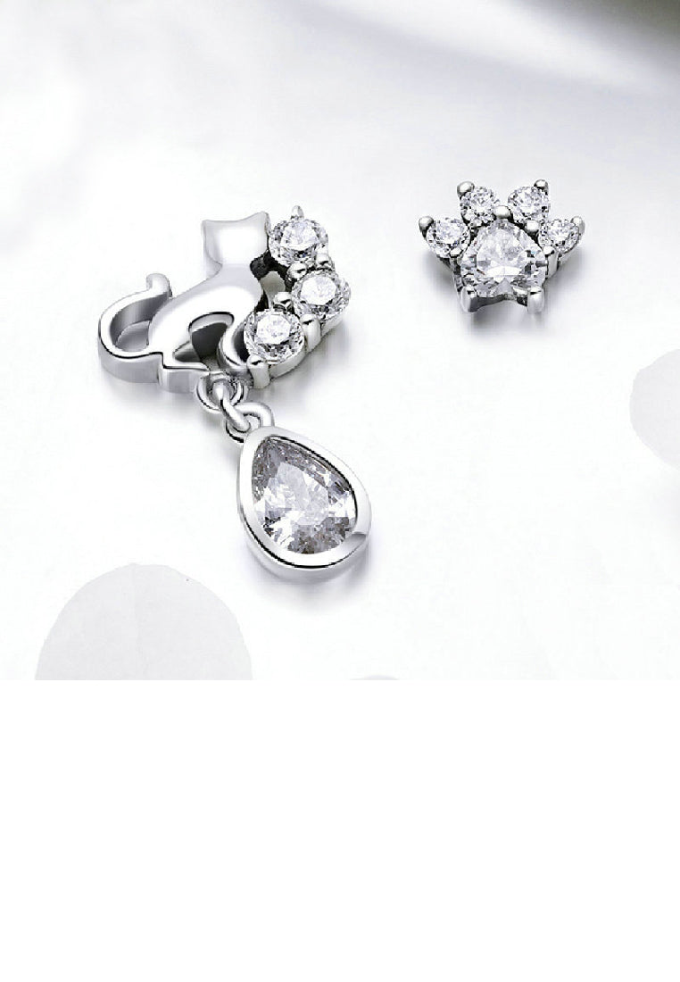 925 Sterling Silver Fashion Temperament Cat Paw Asymmetric Stud Earrings with Cubic Zirconia - Luxurious Look